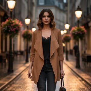 Metaphor Womens Camel Faux Suede Outerwear Open Front Jacket Size S Luxury Chic